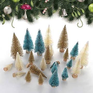 UHBGT Mini Tabletop Christmas Tree, 24pcs Miniature Pine Trees Frosted Sisal Trees with Wood Base DIY Crafts Home Decor Christmas Ornaments Green, Gold and Ivory,Mix Color