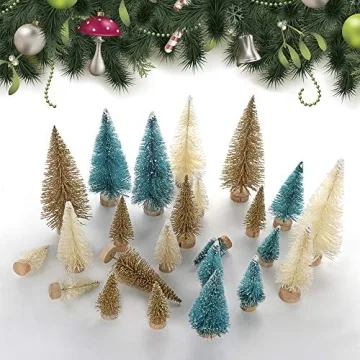 UHBGT Mini Tabletop Christmas Tree, 24pcs Miniature Pine Trees Frosted Sisal Trees with Wood Base DIY Crafts Home Decor Christmas Ornaments Green, Gold and Ivory,Mix Color