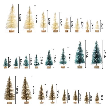 UHBGT Mini Tabletop Christmas Tree, 24pcs Miniature Pine Trees Frosted Sisal Trees with Wood Base DIY Crafts Home Decor Christmas Ornaments Green, Gold and Ivory,Mix Color