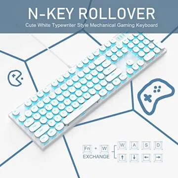 Camiysn Typewriter Style Mechanical Gaming Keyboard, White Retro Punk Gaming Keyboard with Blue Backlit, 104 Keys Blue Switch Wired Cute Keyboard, Round Keycaps for Windows/Mac/PC