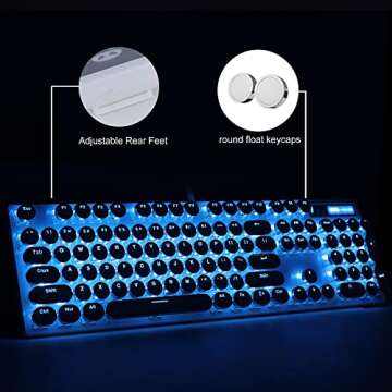 Camiysn Typewriter Style Mechanical Gaming Keyboard, White Retro Punk Gaming Keyboard with Blue Backlit, 104 Keys Blue Switch Wired Cute Keyboard, Round Keycaps for Windows/Mac/PC