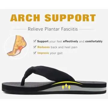 KuaiLu Flip Flops Women Arch Support Yoga Mat Comfortable Summer Beach Walking Thong Cushion Sandals Slip on Pool Outfits Travel Essentials Orthotic Slides Indoor Outdoor Slippers Shoes Black Size 6