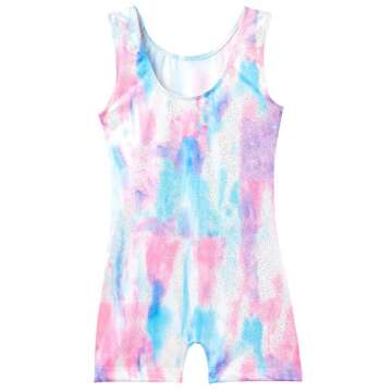 Domusgo Leotards for Girls Gymnastics With Short, Sparkly Tie Dye White Leotard, Dance Unitard Biket...