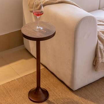 COZAYH Small Pedestal End Table, Metal Base Side Table, Drinking Table with Scratching Distressed Finish, Light Espresso