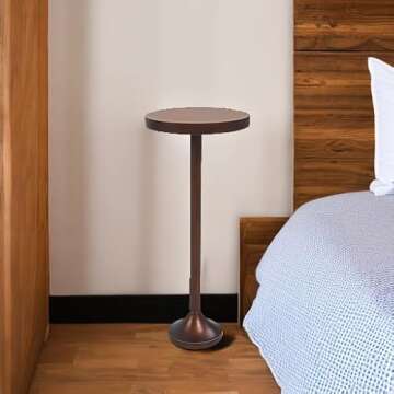 COZAYH Small Pedestal End Table, Metal Base Side Table, Drinking Table with Scratching Distressed Finish, Light Espresso