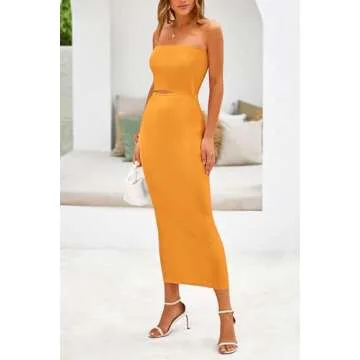 PRETTYGARDEN Women's Sexy Midi Bodycon Dress Summer Y2K Strapless Cutout Tube Pencil Dresses (Solid Orange Yellow,Small)