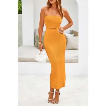 PRETTYGARDEN Women's Sexy Midi Bodycon Dress Summer Y2K Strapless Cutout Tube Pencil Dresses (Solid Orange Yellow,Small)