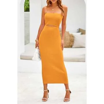 PRETTYGARDEN Women's Sexy Midi Bodycon Dress Summer Y2K Strapless Cutout Tube Pencil Dresses (Solid Orange Yellow,Small)