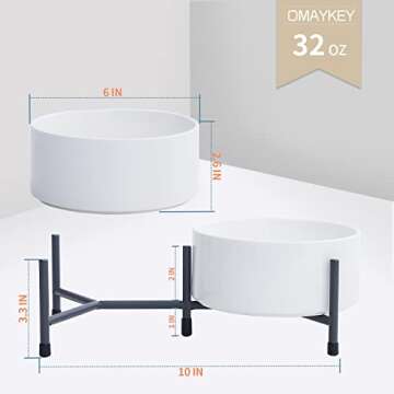 OMAYKEY 32 oz Ceramic Dog Cat Bowl Set of 2 with Elevated Metal Stand - 6 Inch Ceramic Round Pet Food and Water Feeder Bowl Dish for Cats & Dogs - White