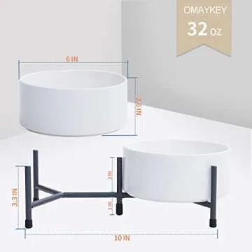 OMAYKEY 32 oz Ceramic Dog Cat Bowl Set of 2 with Elevated Metal Stand - 6 Inch Ceramic Round Pet Food and Water Feeder Bowl Dish for Cats & Dogs - White