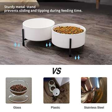OMAYKEY 32 oz Ceramic Dog Cat Bowl Set of 2 with Elevated Metal Stand - 6 Inch Ceramic Round Pet Food and Water Feeder Bowl Dish for Cats & Dogs - White