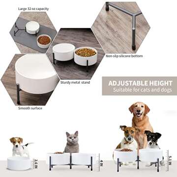 OMAYKEY 32 oz Ceramic Dog Cat Bowl Set of 2 with Elevated Metal Stand - 6 Inch Ceramic Round Pet Food and Water Feeder Bowl Dish for Cats & Dogs - White