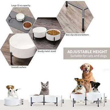 OMAYKEY 32 oz Ceramic Dog Cat Bowl Set of 2 with Elevated Metal Stand - 6 Inch Ceramic Round Pet Food and Water Feeder Bowl Dish for Cats & Dogs - White