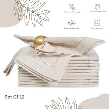 Linen Napkins,Flax Linen Napkins, Hemstitched Linen Napkins,Cloth Napkins,Dinner Napkins Cloth,Cloth Napkins Set of 12,Linen Napkins Cloth Machine Washable,Natural Flax Cloth Napkin 18x18