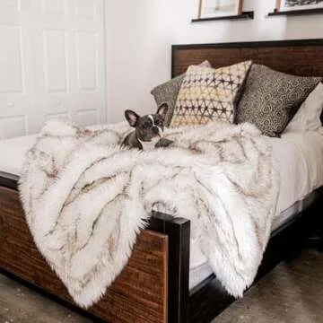 PupProtector Waterproof Throw Blanket for Dogs and Cats, Pet Blanket Cover For Couches, Sofas, Beds, Car Seats, Furniture, Calming Soft Faux Fur, White with Brown Accents, Original (60" L x 50" W)