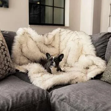 PupProtector Waterproof Throw Blanket for Dogs and Cats, Pet Blanket Cover For Couches, Sofas, Beds, Car Seats, Furniture, Calming Soft Faux Fur, White with Brown Accents, Original (60" L x 50" W)