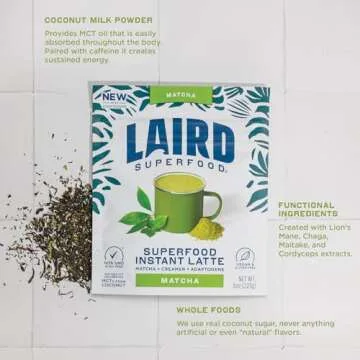 Laird Superfood Matcha Instant Latte with Adaptogens - Matcha Latte Green Tea Powder Packed with Antioxidants and Superfood Coconut Creamer - Gluten Free, Non-GMO, Vegan, 8 oz. Bag, Pack of 1