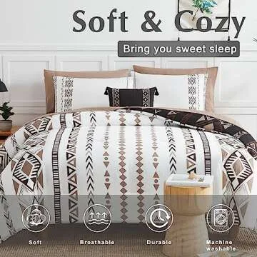 Geniospin Queen Comforter Set, Boho Aztec Comforter Set 8 Pieces, All Season Reversible Bed in A Bag, Soft Microfiber Fill Bedding, Lightweight, Warm and Breathable (Brown, 90"x90")