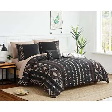 Geniospin Queen Comforter Set, Boho Aztec Comforter Set 8 Pieces, All Season Reversible Bed in A Bag, Soft Microfiber Fill Bedding, Lightweight, Warm and Breathable (Brown, 90"x90")