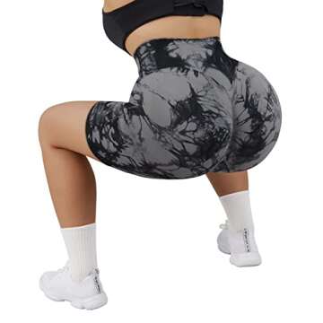 OMKAGI Women Scrunch Butt Lifting Workout Shorts Compression High Waisted Yoga Biker Shorts(M,Black Grey Tie Dye-5inch)