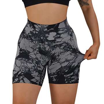 OMKAGI Women Scrunch Butt Lifting Workout Shorts Compression High Waisted Yoga Biker Shorts(M,Black Grey Tie Dye-5inch)