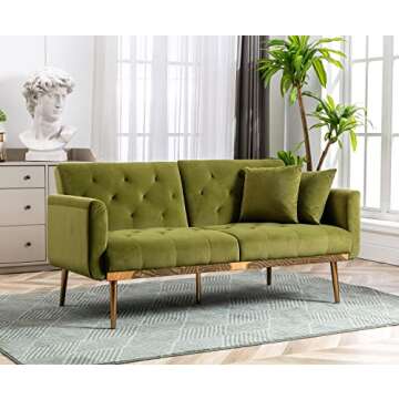 Antetek Velvet Futon Sofa Bed with 3 Adjustable Positions, Small Sleeper Sofa Loveseat with 2 Decorative Pillows, Modern Upholstered Convertible Couch with 5 Metal Tapered Legs (Olive Green)