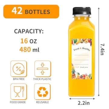 Moretoes 42pcs 16oz Plastic Juice Bottles with Caps, Refrigerator Juice Container with Lid, Reusable...