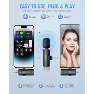 Kinglucky 3 in 1 Lavalier Mini Microphone for iPhone Android Camera 2 Pcs Professional Noise Cancelling [360° Pick Up] Wireless Lavalier Microphone for Video Recording Interview YouTube Live Streaming