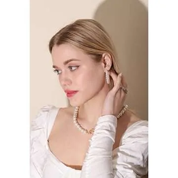 MOROTOLE Pearl Hoop Earrings for Women Small Pearl Hoop Earrings,Gold Plated Lightweight Open Large Circle Round Pearl Earrings Jewelry Birthday Pearl Hoop Earrings Gift for Women