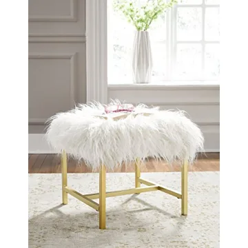 Elissa Glam Faux Fur Accent Stool with Gold Legs 19"