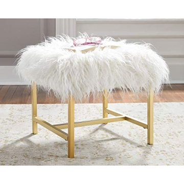 Elissa Glam Faux Fur Accent Stool with Gold Legs 19"
