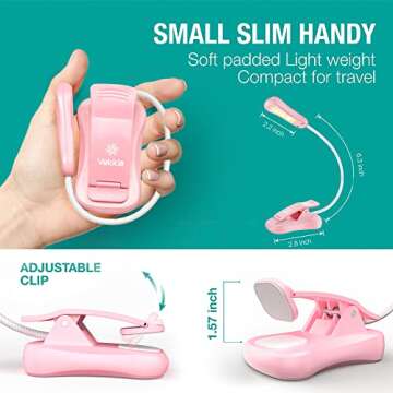 Vekkia Rechargeable Book Light for Reading in Bed, 3 Color x 3 Brightness, Lightweight Reading Light, Up to 70 Hours Lighting, Great for Readers, Travel (Pink)