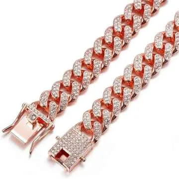 Rose Gold Dog Chain Collars, Rhinestone Cat Necklace Glitter Crystal Sparkly Diamond Metal Puppy Cuban Link Girl Bling Kitten Collars for Small Medium Large Pet Female Dogs, Pink 8 inch