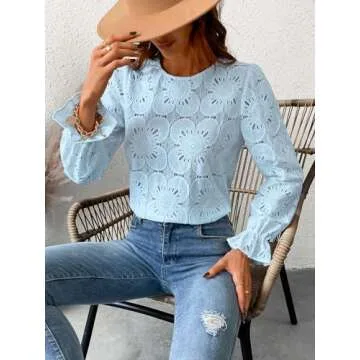 CUPSHE Women Eyelet Long Sleeve Tops Shirts Dressy Hollow Out Crochet Lace Embroidered Blouses 2025 Fashion Top Blue XS