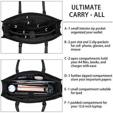 Laptop Bag for Women Waterproof Lightweight Leather 15.6 Inch Computer Tote Bag Business Office Briefcase Large Capacity Handbag Shoulder Bag Professional Office Work Bag Purse 2pcs Set, Black