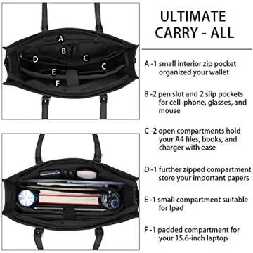 Laptop Bag for Women Waterproof Lightweight Leather 15.6 Inch Computer Tote Bag Business Office Briefcase Large Capacity Handbag Shoulder Bag Professional Office Work Bag Purse 2pcs Set, Black