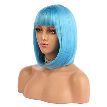 eNilecor Short Bob Hair Wigs 12" Straight with Flat Bangs Synthetic Colorful Cosplay Daily Party Wig for Women Natural As Real Hair+ Free Wig Cap (Blue)