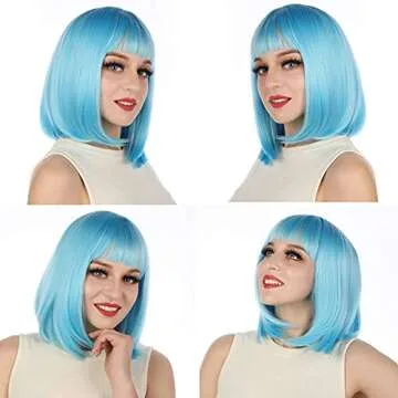eNilecor Short Bob Hair Wigs 12" Straight with Flat Bangs Synthetic Colorful Cosplay Daily Party Wig for Women Natural As Real Hair+ Free Wig Cap (Blue)