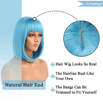 eNilecor Short Bob Hair Wigs 12" Straight with Flat Bangs Synthetic Colorful Cosplay Daily Party Wig for Women Natural As Real Hair+ Free Wig Cap (Blue)