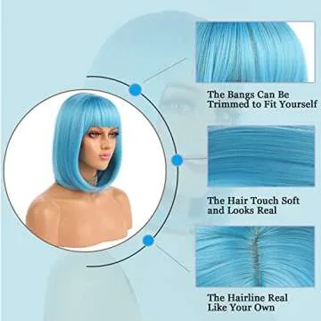 eNilecor Short Bob Hair Wigs 12" Straight with Flat Bangs Synthetic Colorful Cosplay Daily Party Wig for Women Natural As Real Hair+ Free Wig Cap (Blue)