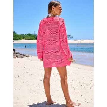 Prinbara Crochet Cover Up for Women Swimsuit Summer Bathing Suit 2025 Swim Hollow Out Bikini Swimwear Mesh Knit Beach Dress Rose X-Large