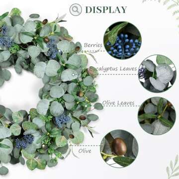 Eucalyptus Wreath for Front Door, COLORSPEC 24 Inch Eucalyptus Wreath with Olive Leaves and Berries All Year Round, Handmade Green Spring Summer Wreaths for Front Door Indoor Outdoor Wedding Holiday