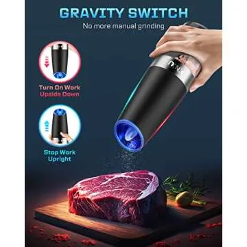 XinXu Gravity Automatic Electric Pepper and Salt Grinder, Auto Salt or Pepper Mill Shaker Stainless Steel,Adjustable Coarseness,Blue LED Light,One Hand Operated, Black