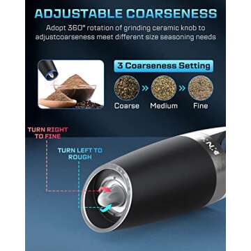 XinXu Gravity Automatic Electric Pepper and Salt Grinder, Auto Salt or Pepper Mill Shaker Stainless Steel,Adjustable Coarseness,Blue LED Light,One Hand Operated, Black