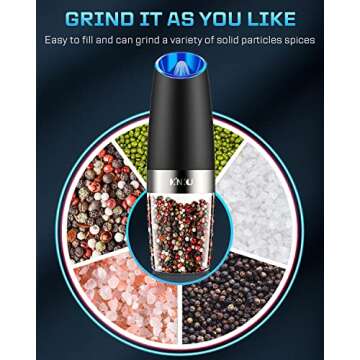 XinXu Gravity Automatic Electric Pepper and Salt Grinder, Auto Salt or Pepper Mill Shaker Stainless Steel,Adjustable Coarseness,Blue LED Light,One Hand Operated, Black