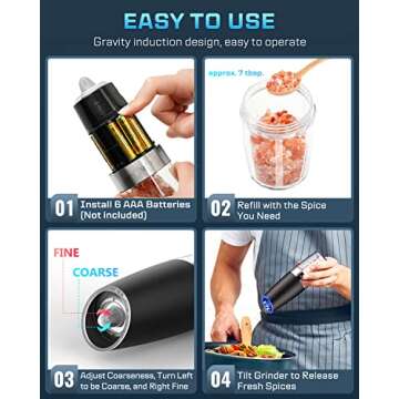 XinXu Gravity Automatic Electric Pepper and Salt Grinder, Auto Salt or Pepper Mill Shaker Stainless Steel,Adjustable Coarseness,Blue LED Light,One Hand Operated, Black