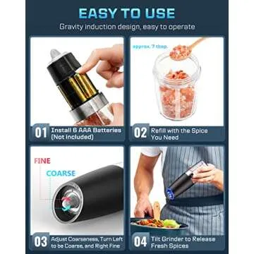XinXu Gravity Automatic Electric Pepper and Salt Grinder, Auto Salt or Pepper Mill Shaker Stainless Steel,Adjustable Coarseness,Blue LED Light,One Hand Operated, Black