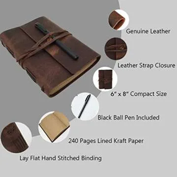 Leather Journal Lined Notebook, Handmade Genuine Leather Bound Daily A5 Notepad for Men & Women 240 ...