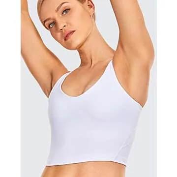 CRZ YOGA Womens V Neck Workout Tank Tops with Built in Bras - Cropped Padded Athletic Longline Sports Bra White X-Small