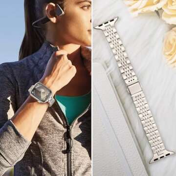 TRUMiRR Band for Apple Watch Series 9 8 7 45mm / SE (2nd Gen) 44mm Starlight Women, Slim Stainless Steel Watchband Metal Strap for iWatch Ultra 2 SE Series 9 8 7 6 5 4 3 2 1 49mm 45mm 44mm 42mm